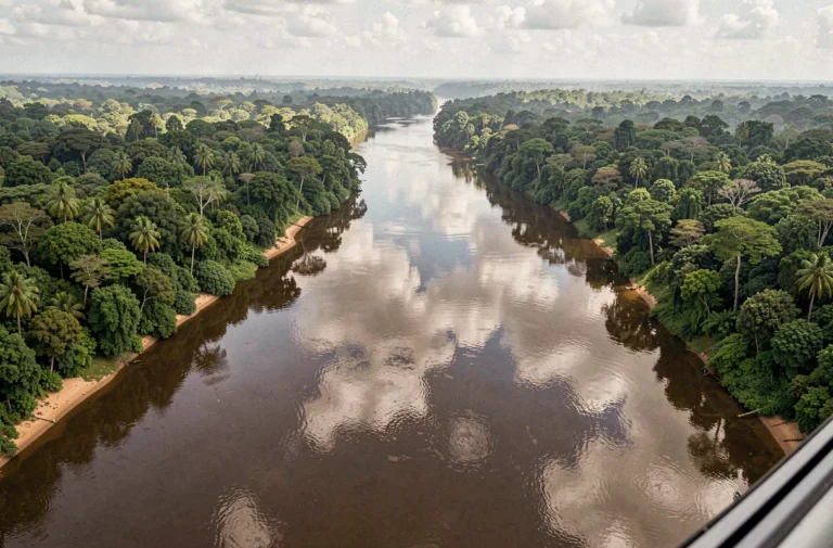 Vue aérienne du fleuve Congo serpentant à travers la forêt tropicale dense en Afrique centrale