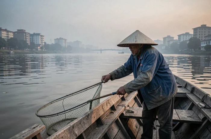 Pêcheur traditionnel sur le fleuve Yangtsé en Chine lançant un filet depuis une barque en bois au crépuscule