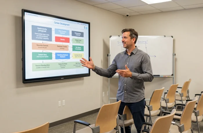 Male trainer presenting a career development program during a professional training workshop