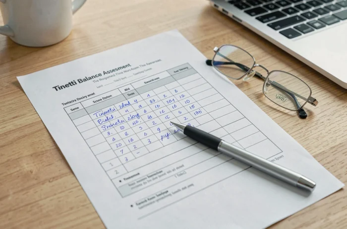 Formulaire imprimé du test de Tinetti avec annotations manuscrites et stylo sur un bureau de professionnel de santé