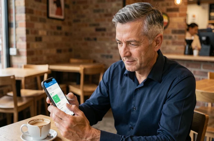 Homme gérant ses avantages de compte utilisateur sur smartphone dans un café moderne
