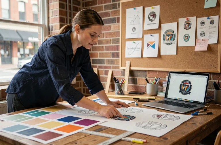 Graphiste travaillant sur une identité visuelle d'école avec des maquettes de logos et des nuanciers de couleurs sur une table de studio