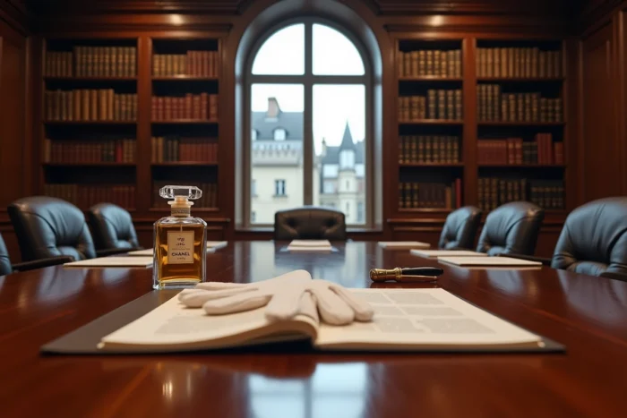 Documents d'héritage et flacon de parfum Chanel posés sur une table de salle de réunion dans un cabinet juridique parisien