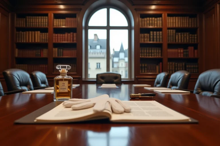 Documents d'héritage et flacon de parfum Chanel posés sur une table de salle de réunion dans un cabinet juridique parisien