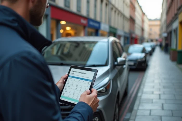 Homme consultant une comparaison de tarifs d'assurance auto sur tablette près de sa voiture