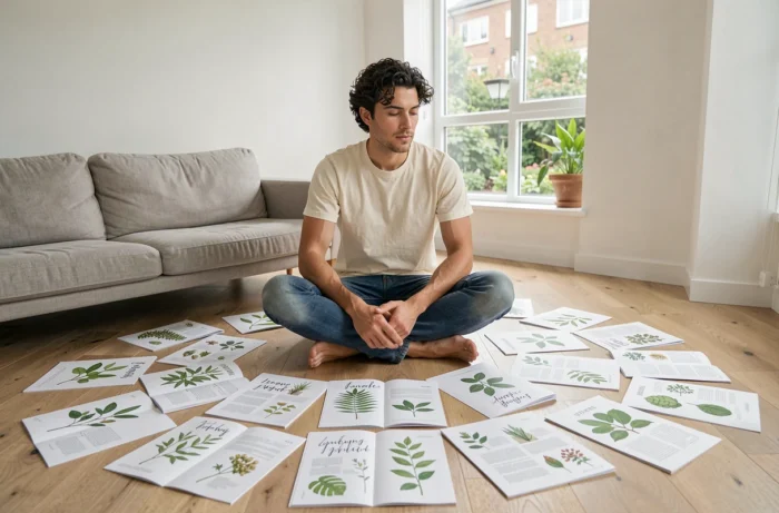 Homme découvrant toutes les pages du catalogue de thés Le Jardin de Gaïa étalées sur le sol