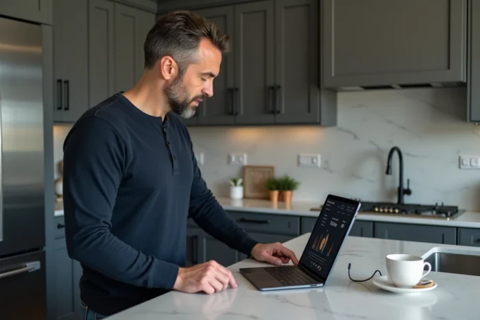 Homme interagissant avec un hub domotique et une tablette de contrôle dans une cuisine connectée moderne