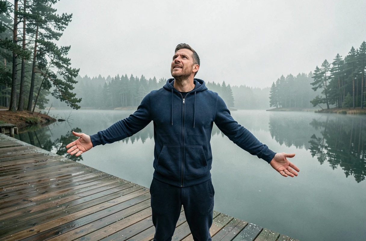 Homme faisant des exercices de respiration en plein air sur un ponton en bois face à un lac calme entouré de forêt