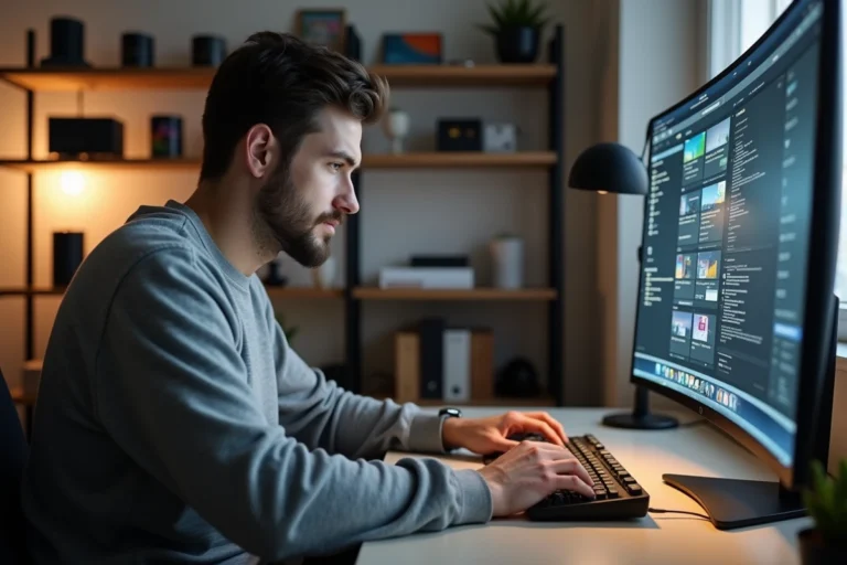 Homme geek travaillant sur un large écran ultrawide avec gadgets tech dans un bureau minimaliste moderne