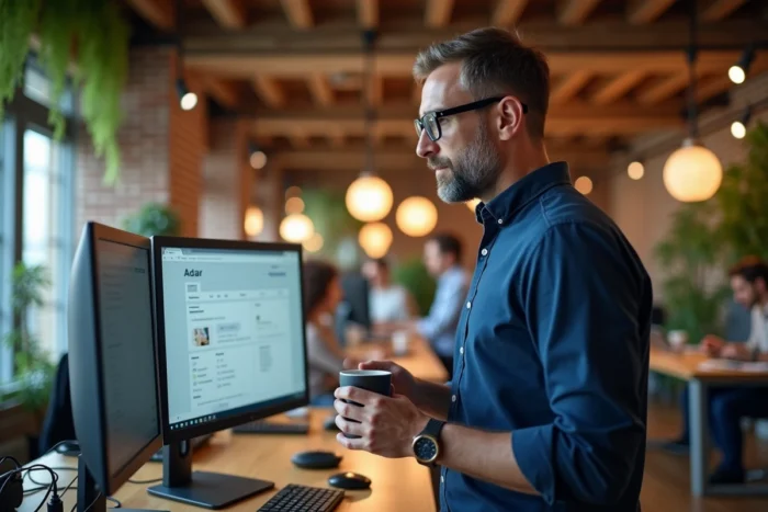 Homme consultant des offres d'emploi en ligne dans un espace de coworking moderne