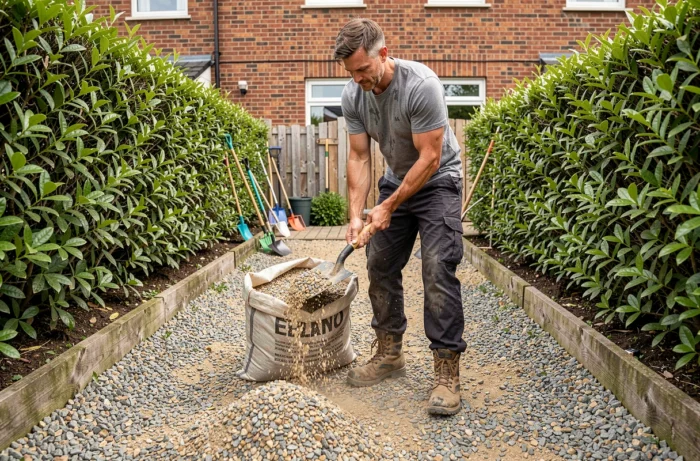 Homme en train de pelleter du gravier en vrac pour aménager une allée de jardin économique