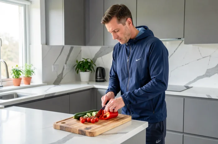 Homme préparant un repas équilibré avec des légumes frais dans une cuisine moderne pour une alimentation saine