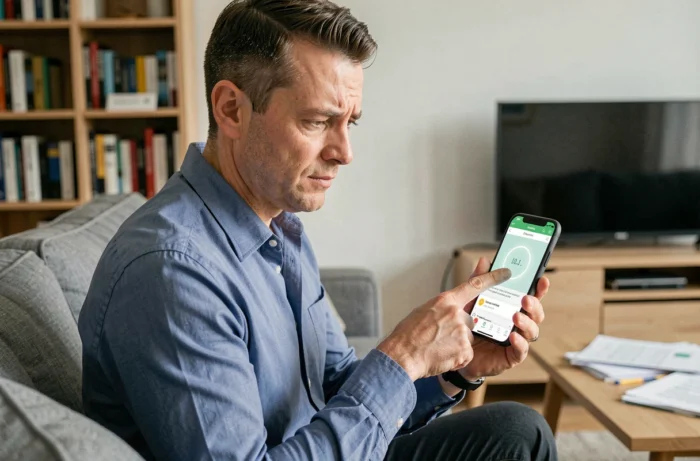 Man consulting Leboncoin on smartphone with a page that is not loading in a modern living room