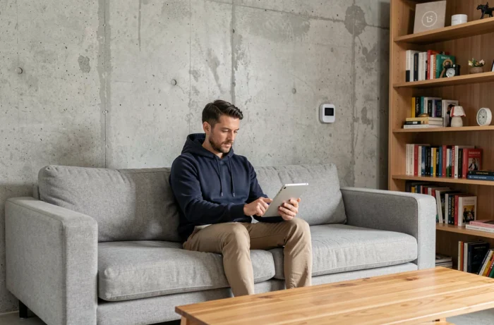 Hombre controlando dispositivos conectados desde su salón con una tableta domótica