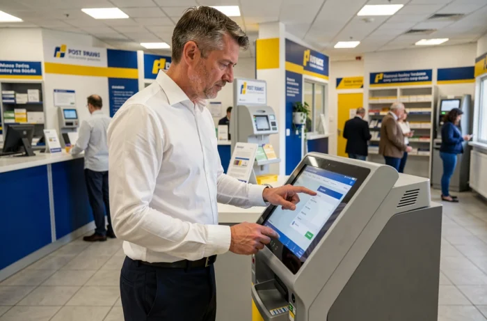 Homme consultant son compte à un terminal en libre-service de La Banque Postale pour vérifier le versement de ses allocations CAF