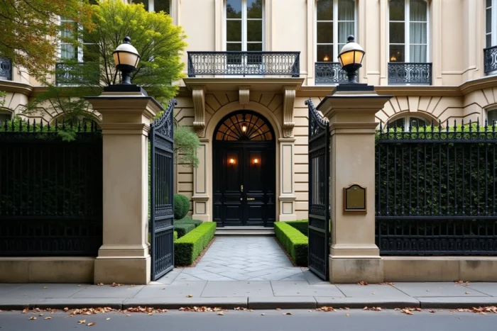 Façade d'un hôtel particulier parisien avec grilles en fer forgé évoquant la fortune et l'héritage immobilier de la maison Chanel