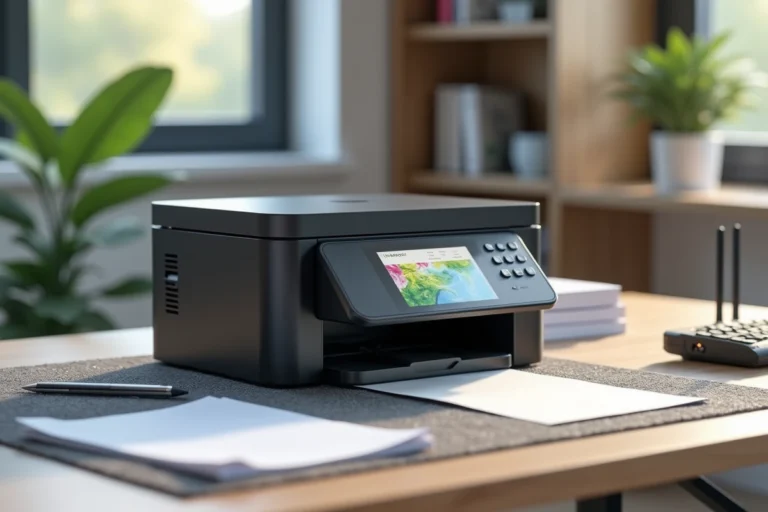 Imprimante multifonction laser couleur Brother MFC-L3770CDW posée sur un bureau de bureau moderne avec des documents imprimés
