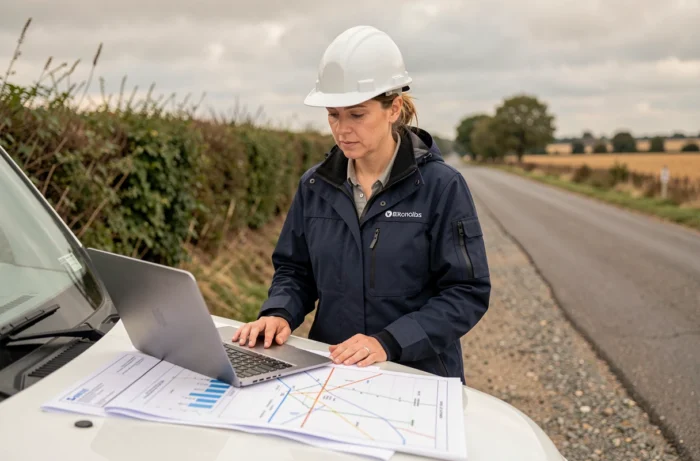 Ingénieure municipale planifiant l'entretien des routes communales sur le terrain avec des plans techniques