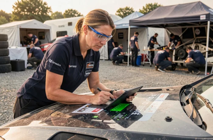 Ingénieure automobile en polo d'équipe analysant des données télémétrique sur tablette devant une voiture de rallye dans un parc d'assistance en gravier