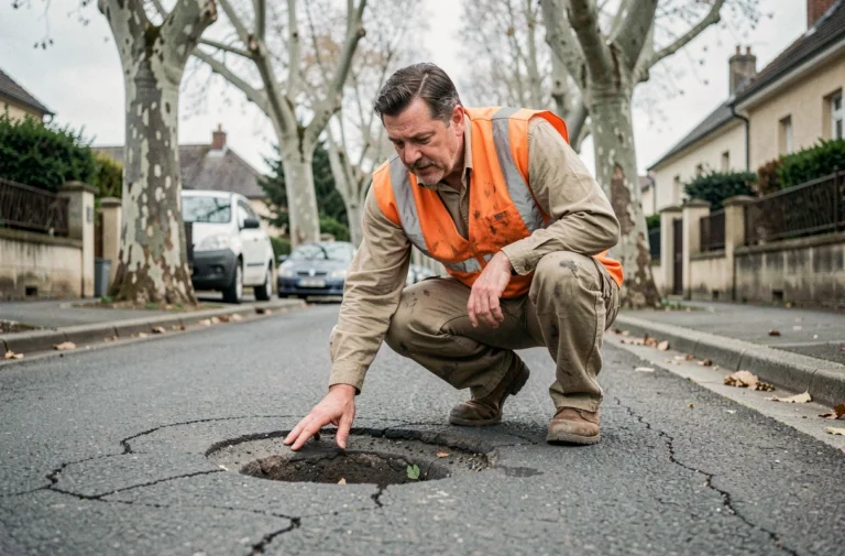 Agent municipal inspectant une route communale fissurée dans une rue résidentielle française