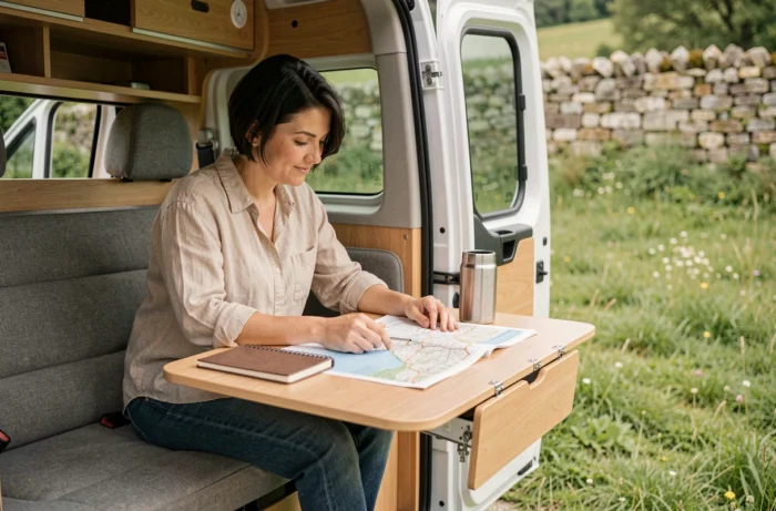 Femme assise à l'intérieur d'un Citroën Campster aménagé consultant une carte routière avec la porte coulissante ouverte sur un pré vert