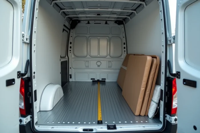 Intérieur vide d'un utilitaire 4m3 avec dimensions visibles et espace de chargement
