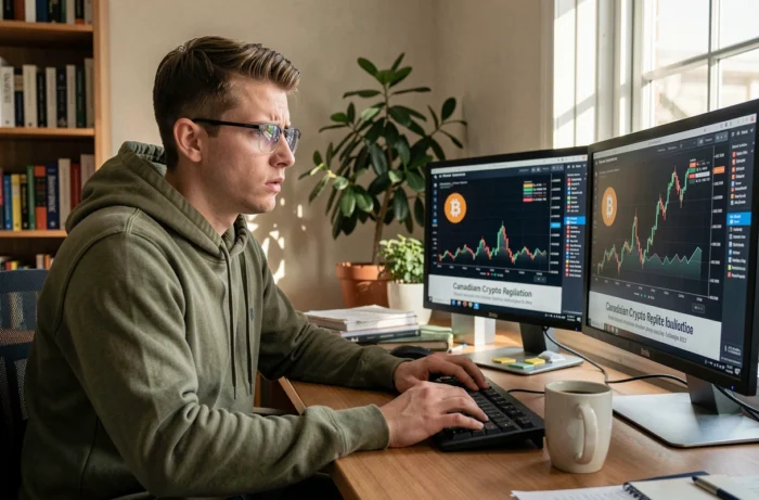 Joven inversor en criptomonedas preocupado frente a sus pantallas que muestran gráficos de Bitcoin y noticias sobre la posible prohibición en Canadá