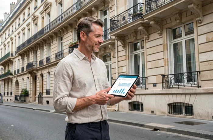 Investisseur immobilier évaluant des biens haussmanniens dans une rue parisienne avec tablette de données