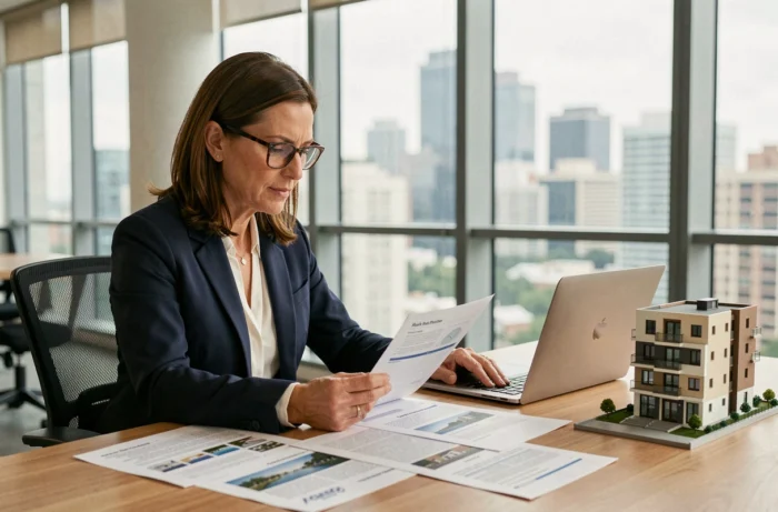 Investisseuse immobilière analysant des rapports de marché dans un bureau moderne avec vue sur la ville
