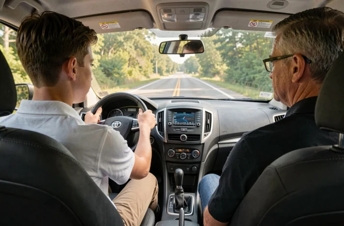 Jeune conducteur de 16 ans au volant d'un véhicule d'auto-école sur une route de campagne, encadré par un moniteur pour l'apprentissage anticipé de la conduite