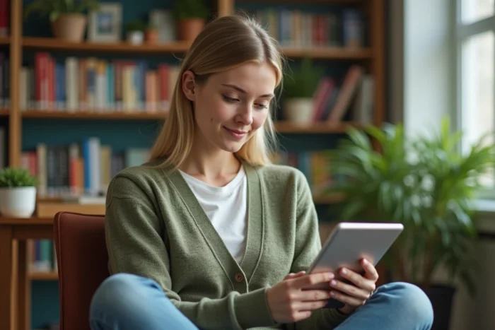 Jeune enseignante consultant la messagerie académique de Dijon sur une tablette dans une bibliothèque scolaire