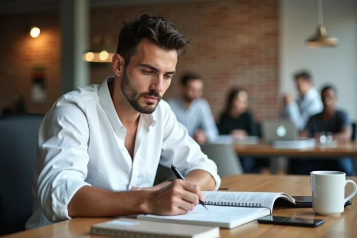 Jeune entrepreneur consultant un guide juridique pour créer et structurer son entreprise