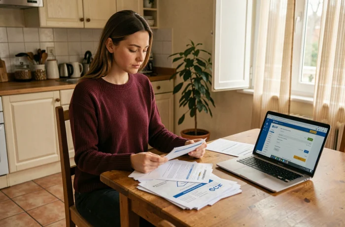 Jeune femme consultant ses documents CAF et son compte La Banque Postale sur ordinateur depuis son domicile