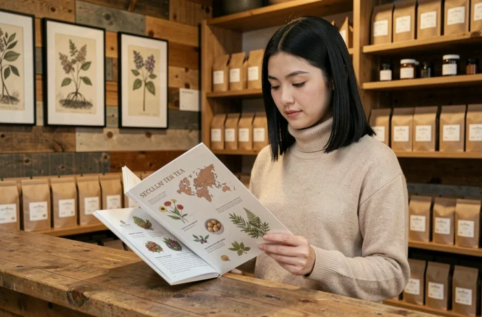 Jeune femme consultant le lookbook complet de la marque de thé Le Jardin de Gaïa en boutique