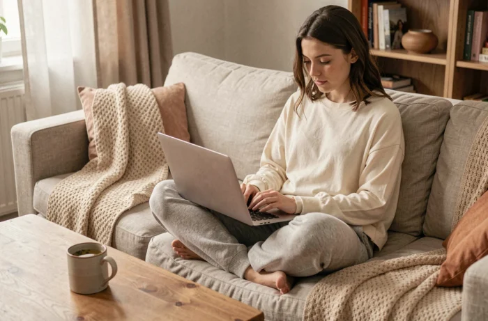 Jeune femme à la maison qui recherche des symptômes de maladies courantes sur son ordinateur portable avec une tasse de tisane