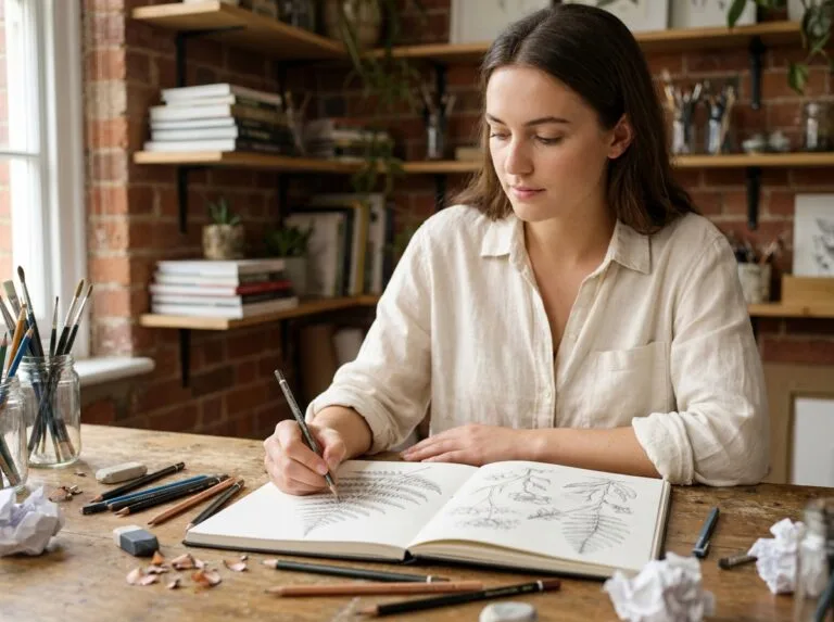 Jeune femme illustratrice dessinant dans son carnet de croquis dans un studio créatif fait maison