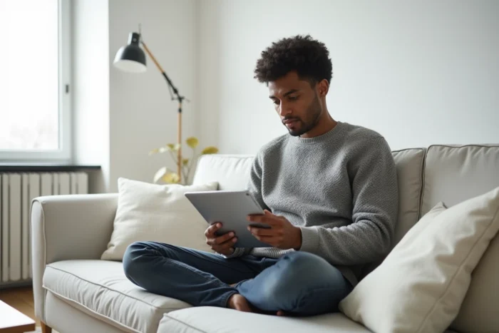 Jeune professionnel explorant des opportunités d'emploi en ligne sur une tablette depuis son salon