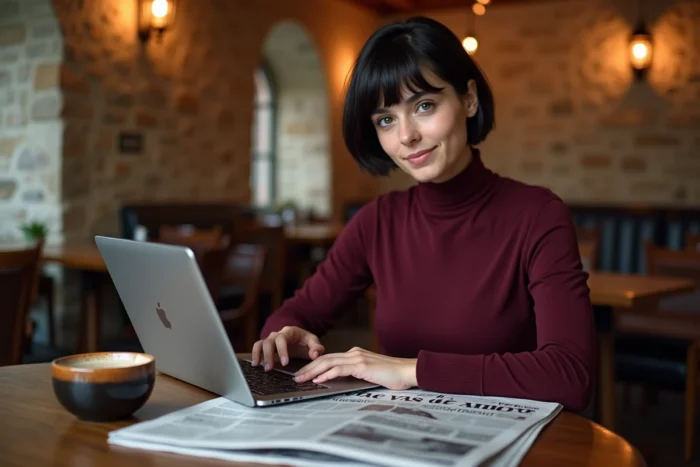 Jeune journaliste bretonne travaillant sur son ordinateur dans un café en pierre de Rennes avec un journal régional ouvert
