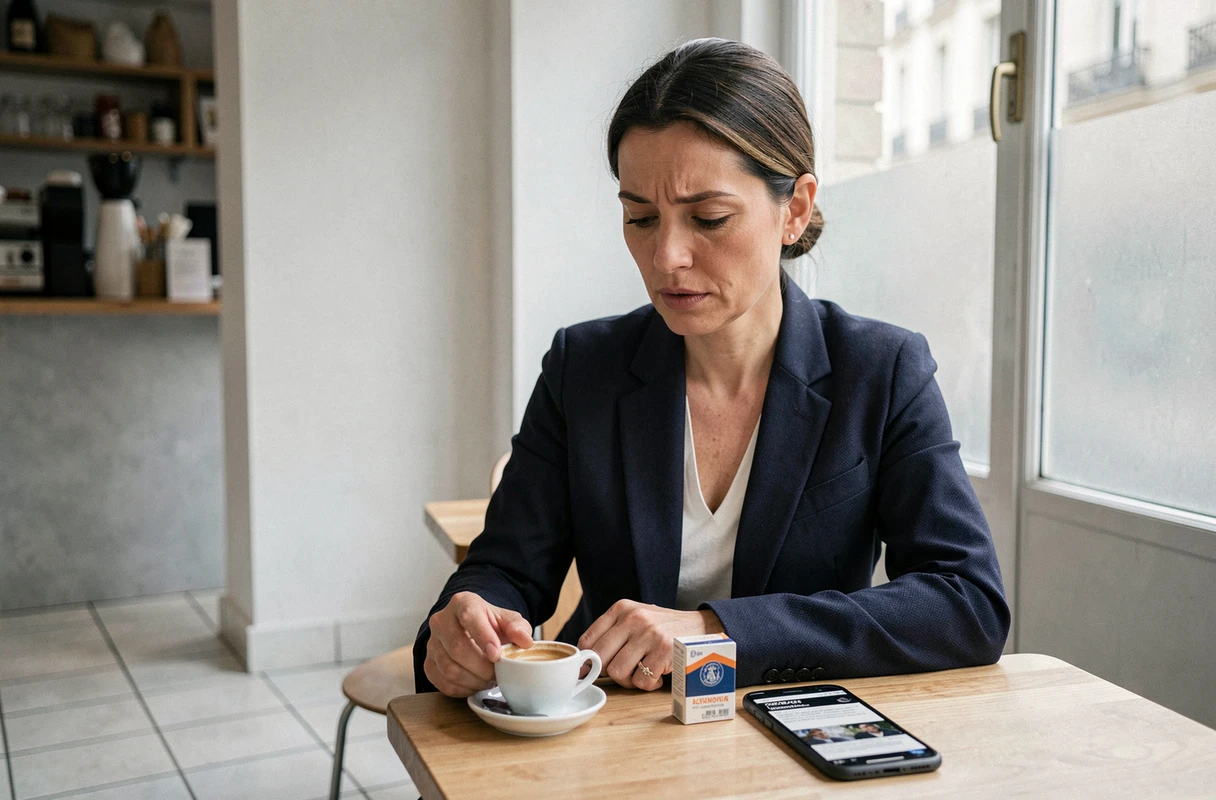 Femme consultant la législation sur les cigarettes sur smartphone dans un café parisien avec un paquet standardisé