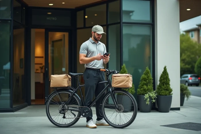 Livreur à vélo scannant un code QR devant un immeuble moderne en milieu urbain