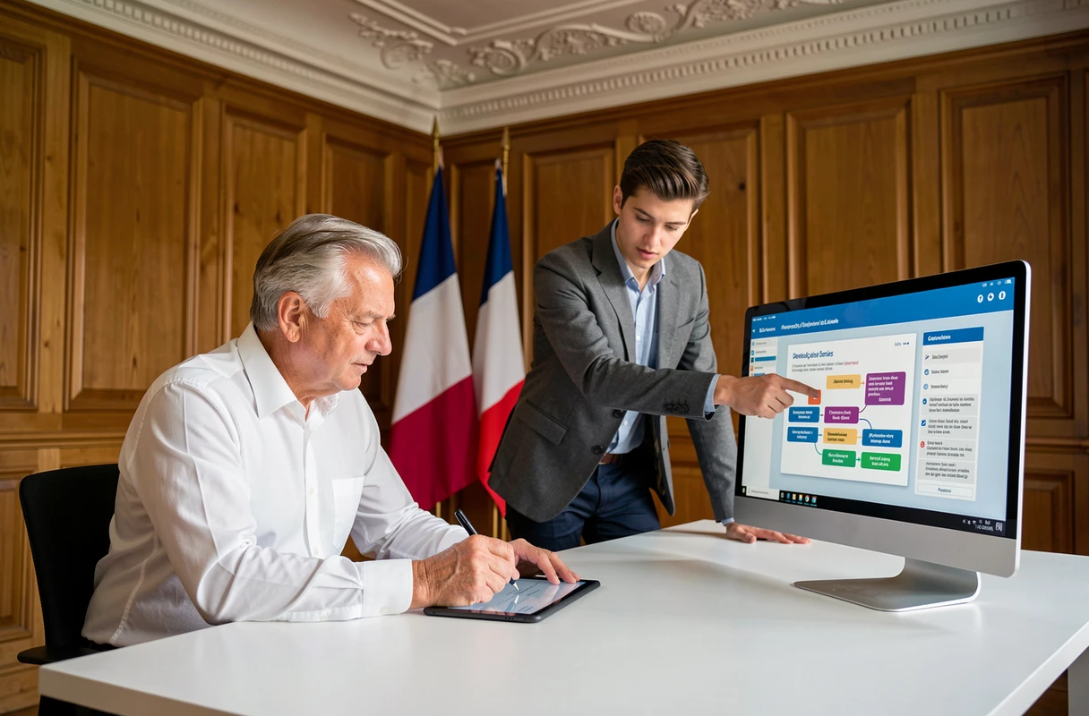 Maire signant un document numérique dans un bureau de mairie alliant patrimoine et modernité