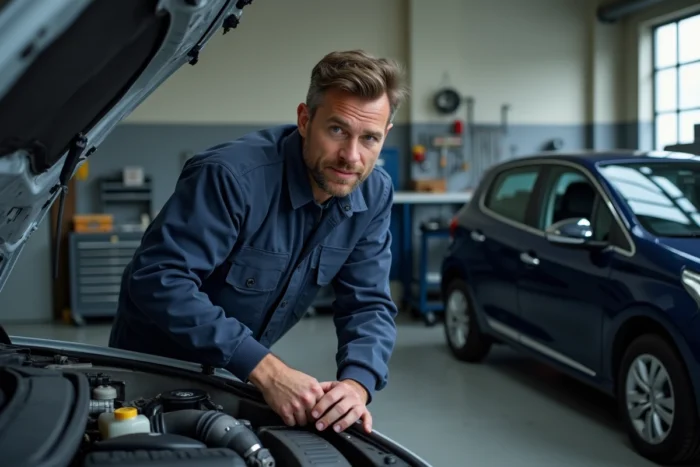 Mécanicien inspectant le moteur d'une Peugeot 208 dans un garage, pour aider à choisir entre motorisation essence et diesel