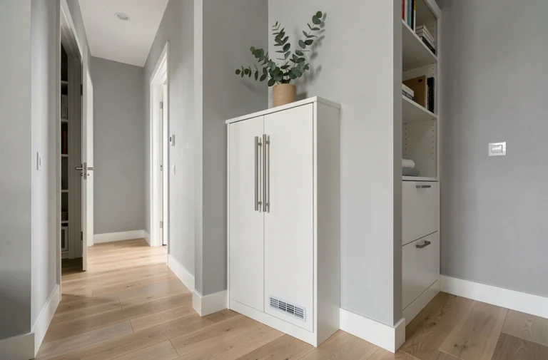 Meuble cache chaudière Ikea blanc intégré dans un couloir de style scandinave avec parquet chêne clair