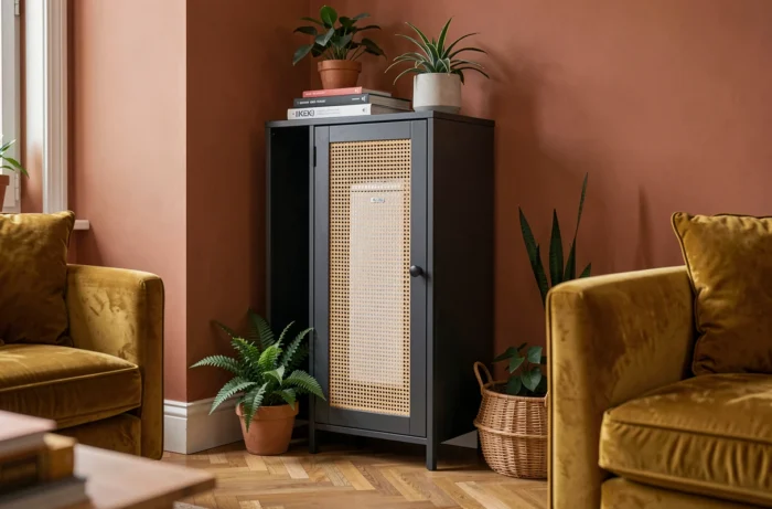 Meuble cache chaudière Ikea anthracite avec porte cannage intégré dans un salon décoré en style bohème chaleureux