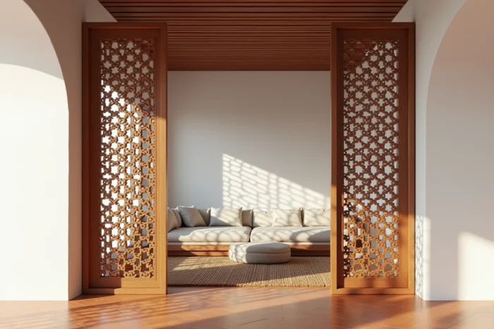Moucharabieh en bois noyer installé comme cloison décorative dans un salon de style marocain contemporain