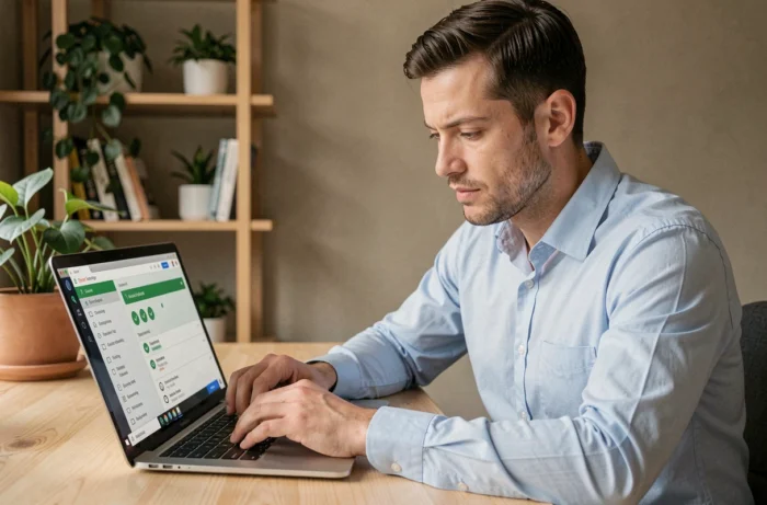 Homme consultant les paramètres de filtrage d'emails sur un ordinateur portable dans un bureau à domicile moderne