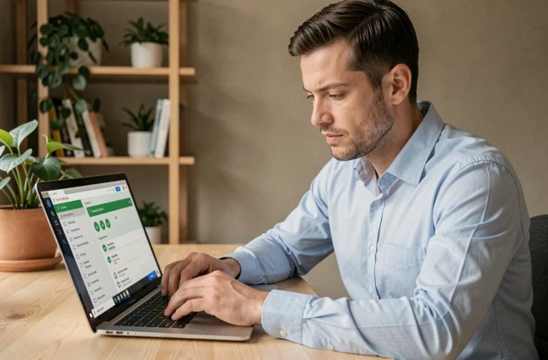 Homme consultant les paramètres de filtrage d'emails sur un ordinateur portable dans un bureau à domicile moderne