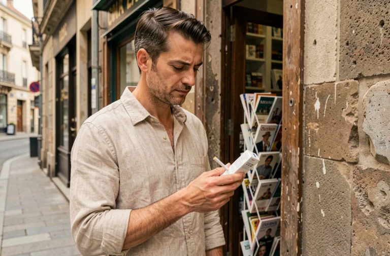 Homme examinant un paquet de cigarettes à emballage neutre devant un bureau de tabac européen en 2026