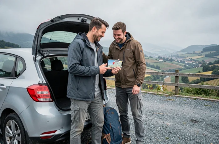 Zwei Freunde, die eine Mappy-Route auf dem Smartphone während eines Panoramastopps bei einem Roadtrip teilen