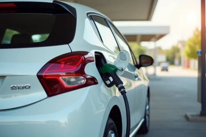 Peugeot 208 blanche à la pompe d'une station-service, illustrant le choix entre essence et diesel